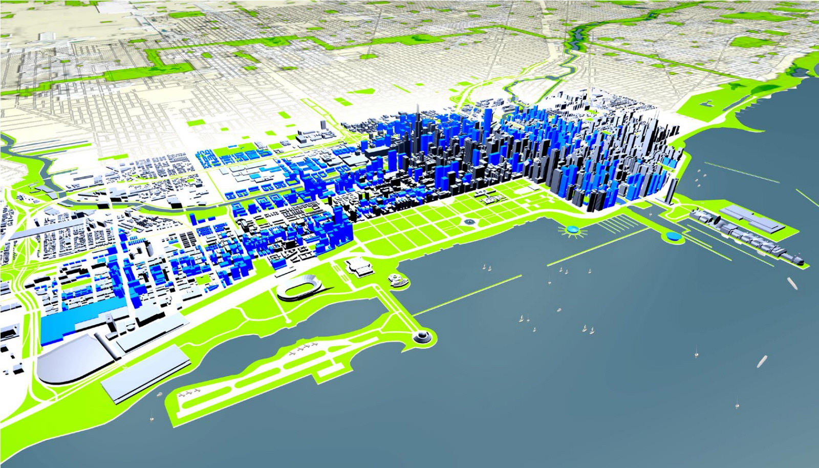 SOM's three-dimensional plan model for the Chicago Central Area Plan: proposed high-density mixed-use infill (blue) around the Loop, set against the expanded green network of riverwalk, parks and lakefront.