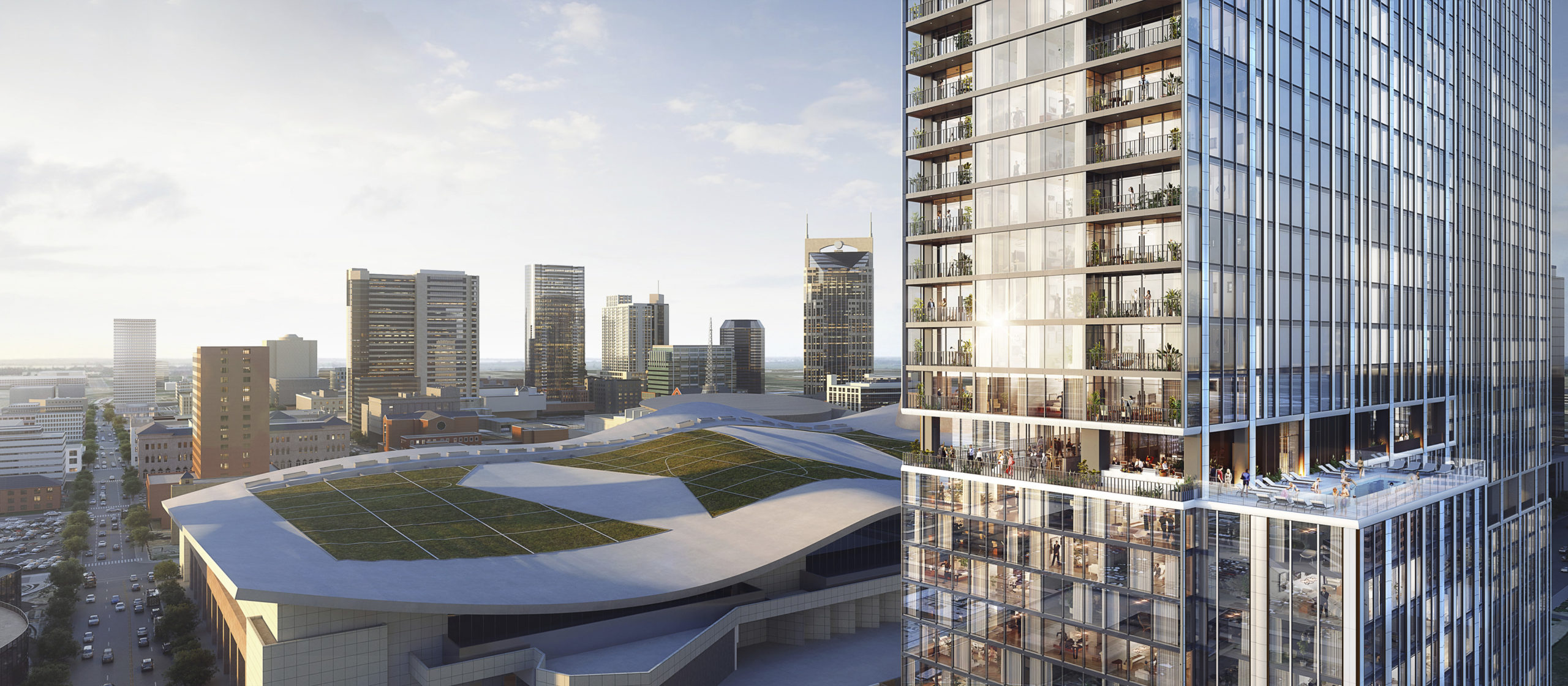 Rendering of wraparound terraces at The Ritz-Carlton Nashville overlooking downtown and Music City Center