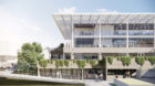 Street view and south elevation of the University of California,, Berkeley Engineering Center Expansion. Showing the adaptive reuse of the building. Cascading greenery overflows and students walk in front.