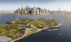 Aerial view of proposed Governor's Island design with new scheme in foreground.