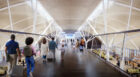 International arrivals corridor. International arriving passengers will walk towards immigration and customs along a suspended bridge at the center of the concourse, with views down to the gate lounges and out to the airfield.