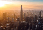 View of the Ningbo Center Tower by SOM at sunset