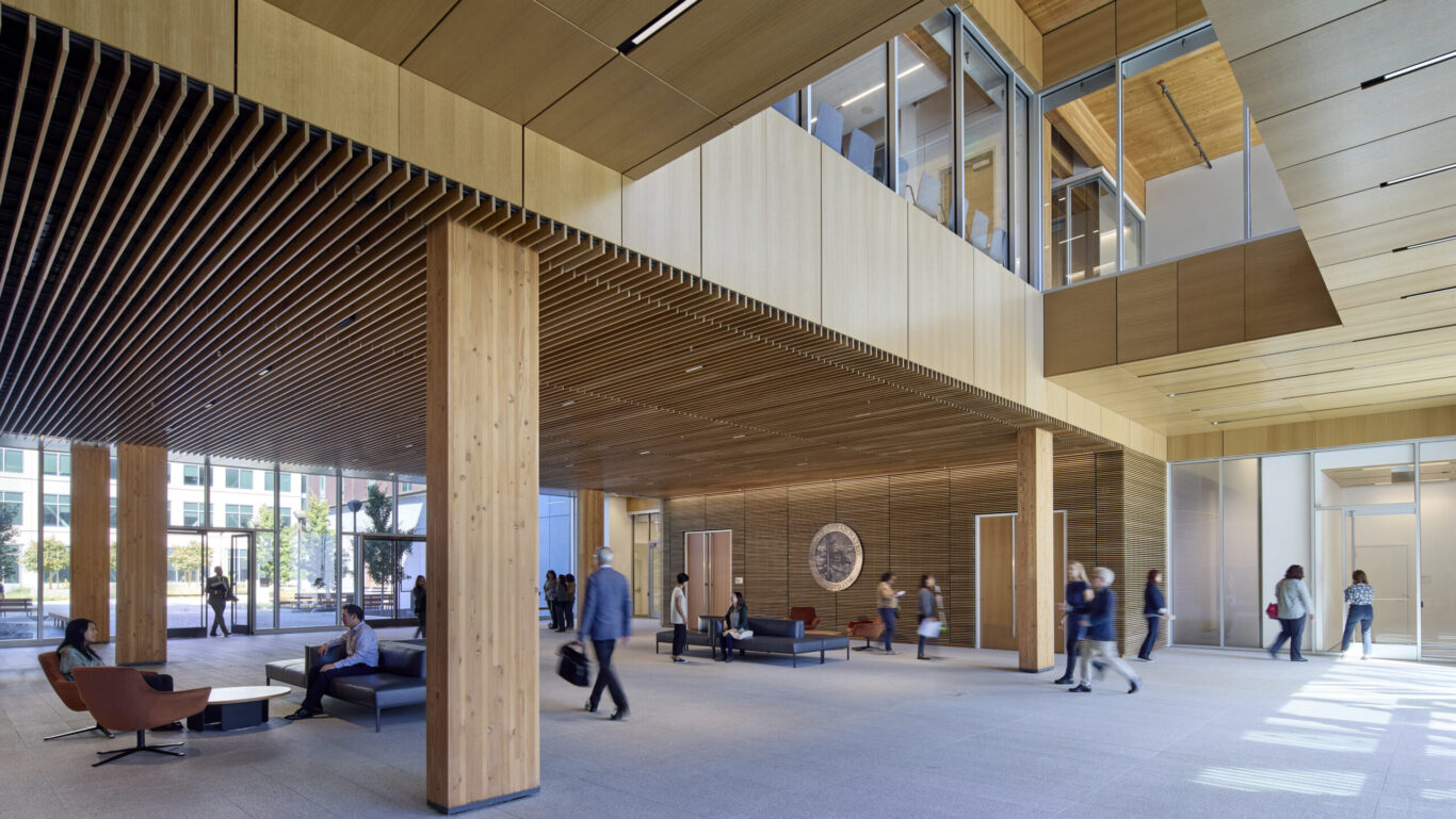 Slide 2 of 6, With its use of cross-laminated timber to reduce embodied carbon and an efficient design that targets net zero energy in operations, 500 County Center exemplifies environmental stewardship.