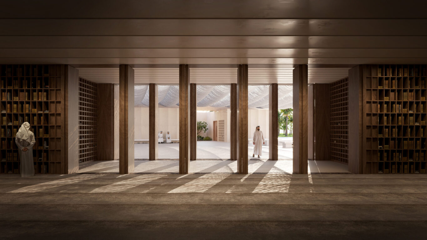 Slide 2 of 2, Palm Jebel Ali Mosque interior and courtyard