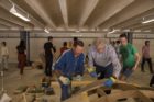 SOM design partner Mark Sarkisian (center) helps with the construction of the test vault at the 2019 Timbrel Vault Workshop.