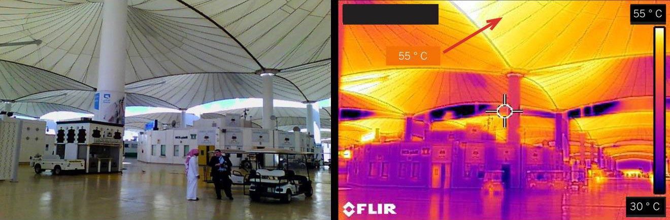 Slide 1 of 1, An infrared image shows a dramatic temperature difference between the floor level and the peak of the tents.