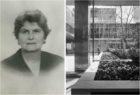 Joanna C. Diman (1901–1991) at the time of her employment by SOM (ca. 1949); view of the original garden at Lever House (1952) where she was the designer.