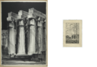 Two works by Louis Skidmore. Left, view of the temple of Amon Karnak, lithograph (14 x 19 ½ inches), executed during the period that Skidmore was resident at the American Academy in Rome, 1928. Right: greeting card, engraving, Paris, Notre Dame and the quai, 1928 (approximately 3 ½ x 5 ½ inches)
