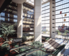 A Calder mobile inside an office building atrium