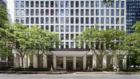 Street level view of midcentury office tower in Chicago