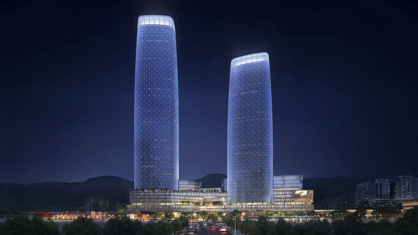 Slide 1 of 1, Rendering of Taipei Twin Towers that demonstrates of the nighttime lighting design.